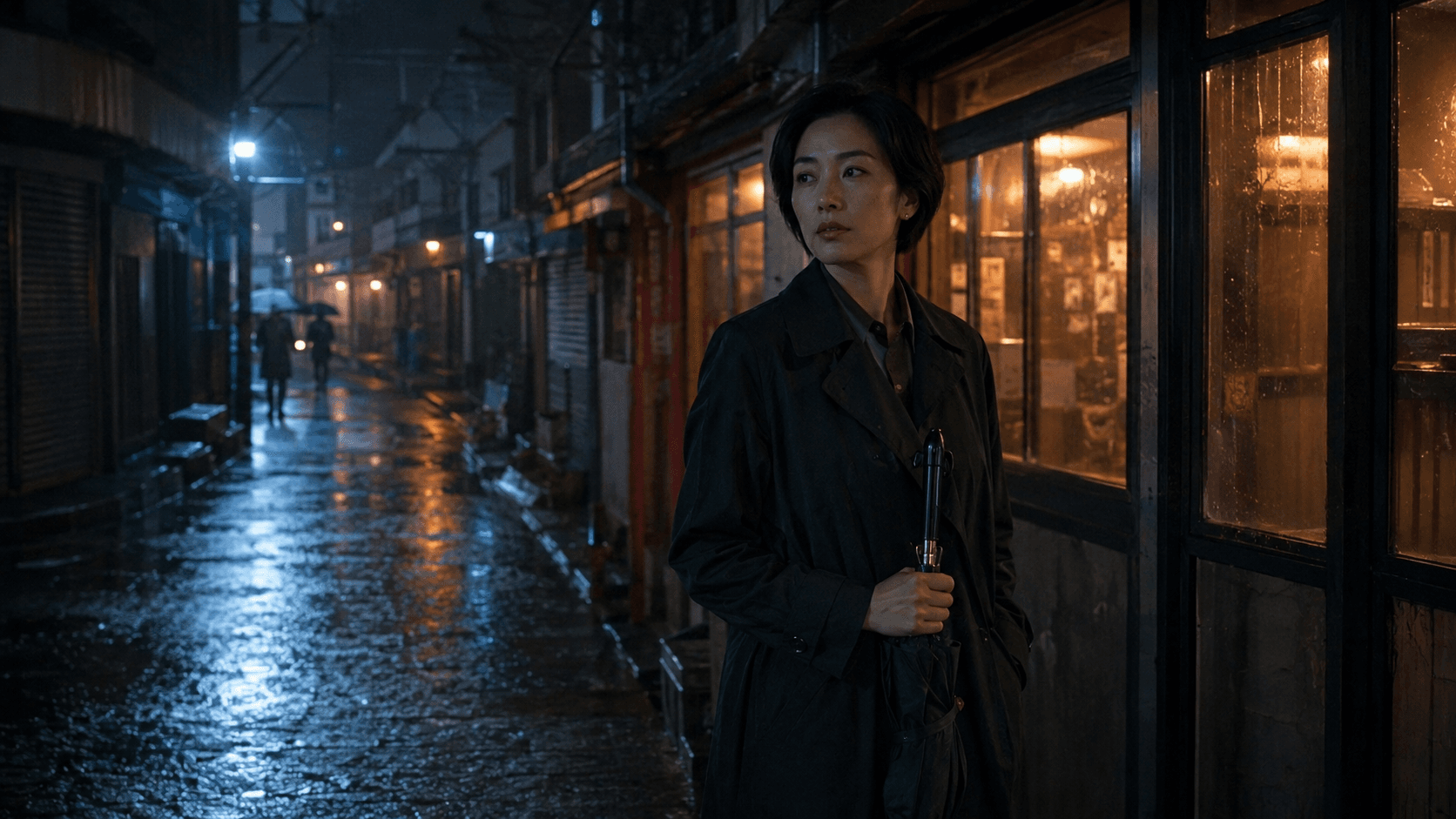 短剧角色概念：雨夜街巷中的女性